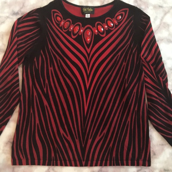 Bob Mackie Shades of Red and Black Animal Print Jeweled Sweater - Picture 4 of 8